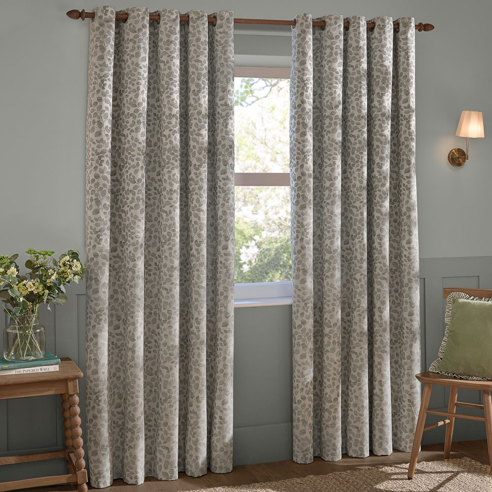 Wylder Grace Leaf Mist Grey Jacquard Fully Lined Eyelet Curtains 168 x 183cm Image 1