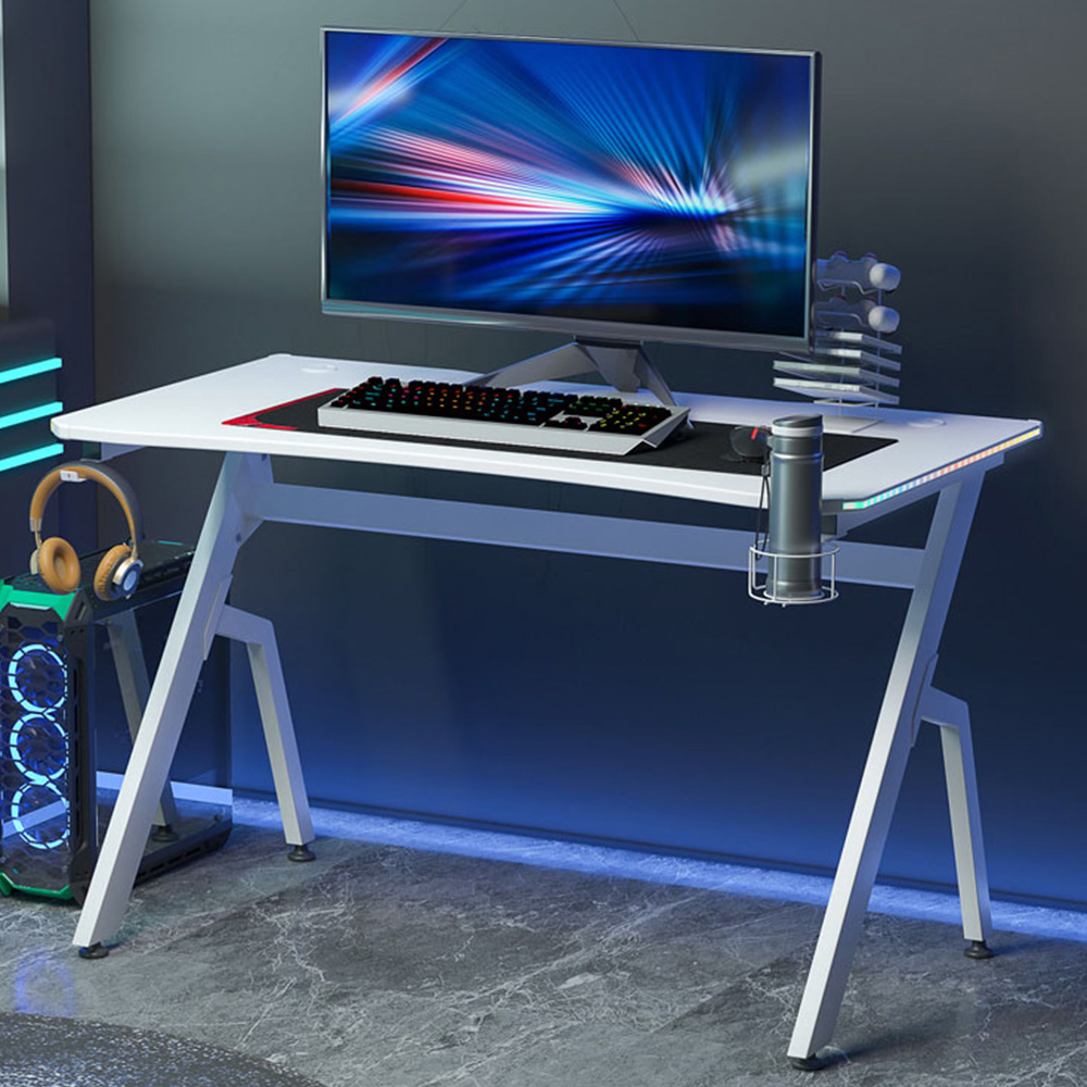 Portland LED Ergonomic Gaming Desk with Cup Holder White Image 1