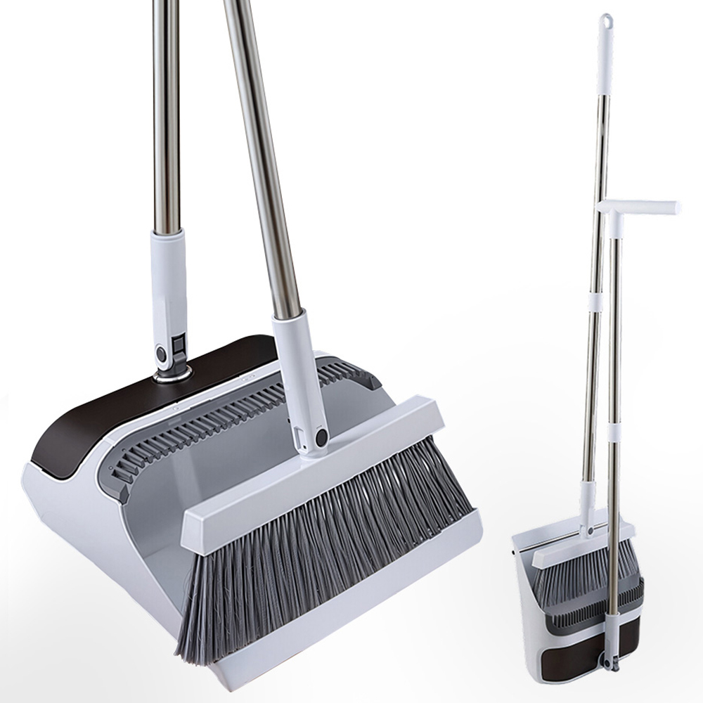 Living and Home Grey White Folding Long Handle Broom and Dustpan Set Image 3