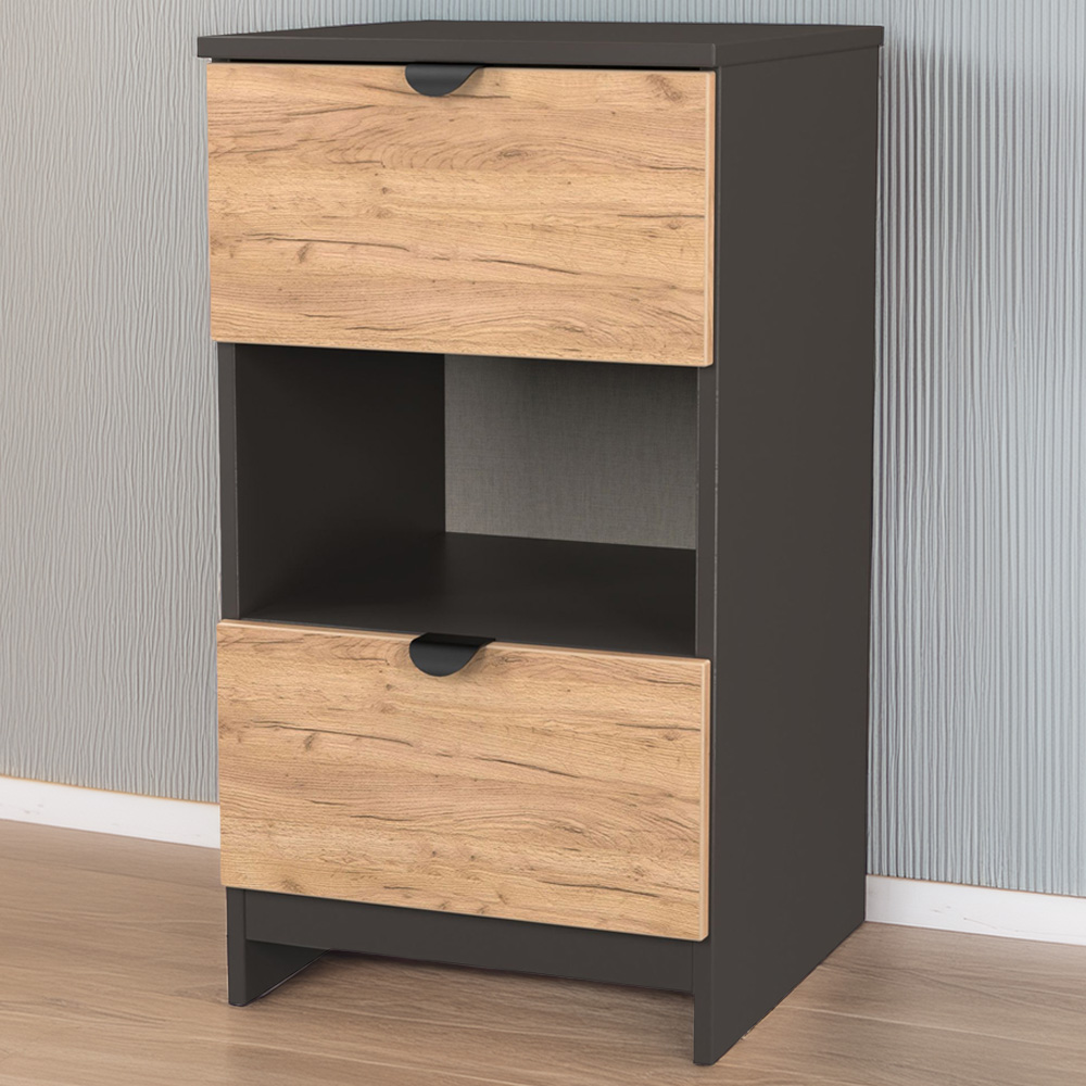 Crowndale Bora 2 Drawer Single Shelf Gold Oak and Graphite Bedside Cabinet Image 1