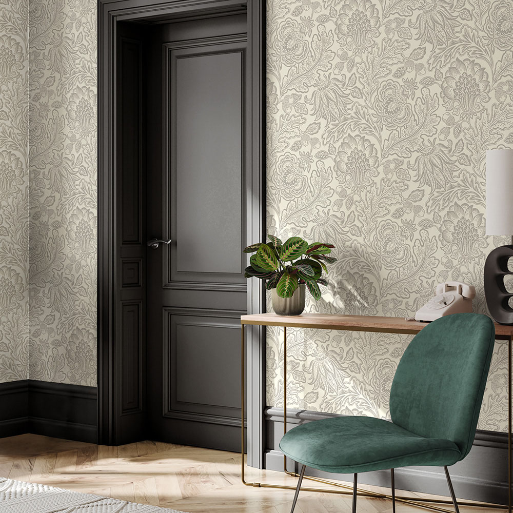 Belgravia Decor Fernhurst Floral Trail White and Silver Wallpaper Image 3
