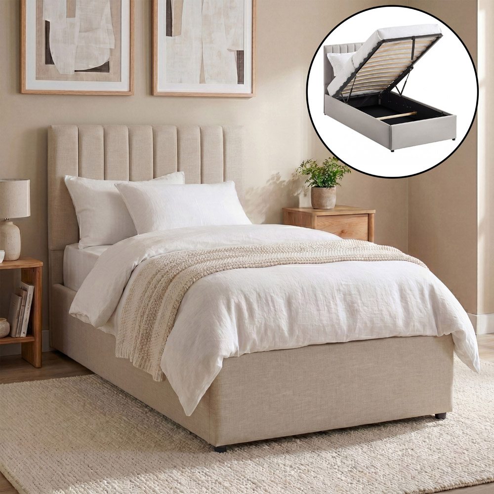 VIDA DESIGNS Vellaro Single Beige Linen Fabric Ottoman Bed with Headboard Image 3