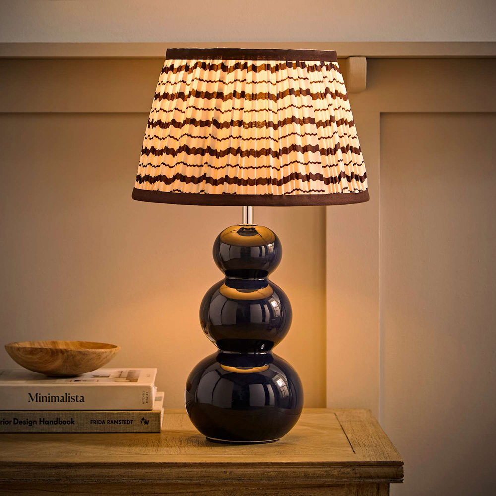 ValueLights Edie Striped Pleat Shade Navy Blue Ceramic Table Lamp with Bulb Image 2