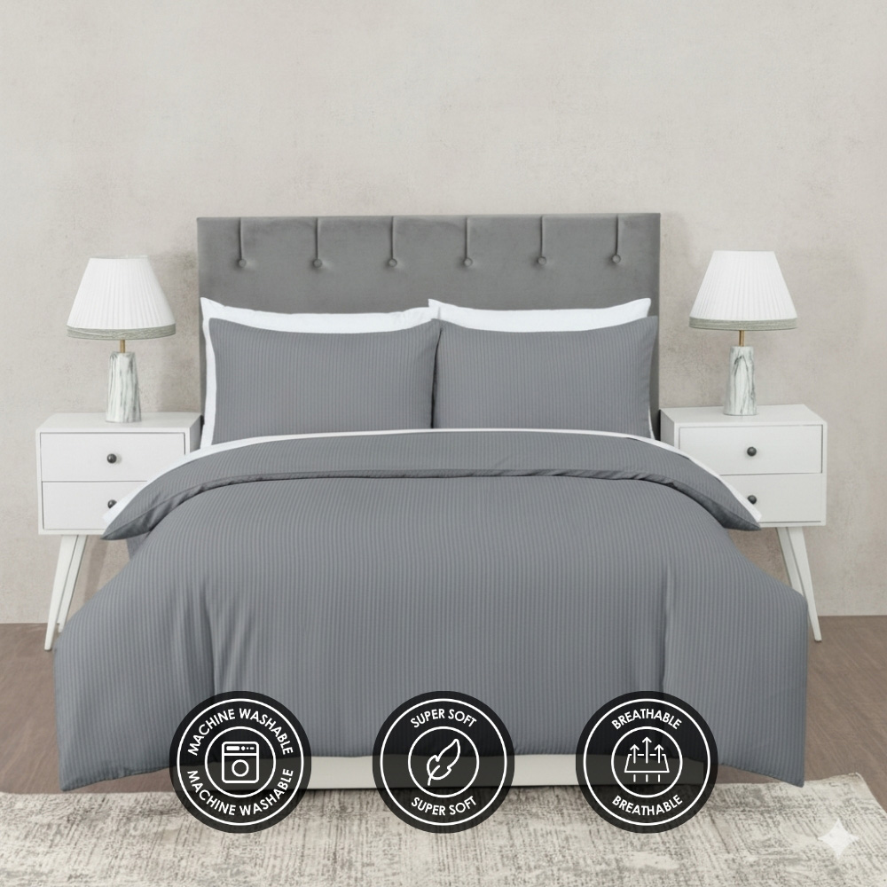 MHG Living Super King Size Grey Striped Duvet Set Image 6