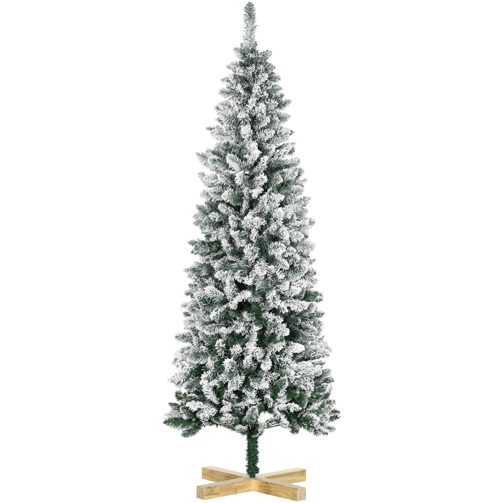 Everglow Green Pencil Snow Flocked Artificial Christmas Tree with Pinewood Base 6ft Image 1