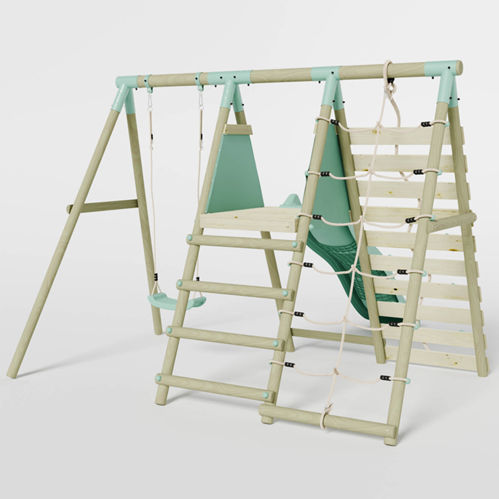 Mercia Wooden Round Pole Single Swing Set with Climbing Wall and Slide Image 4