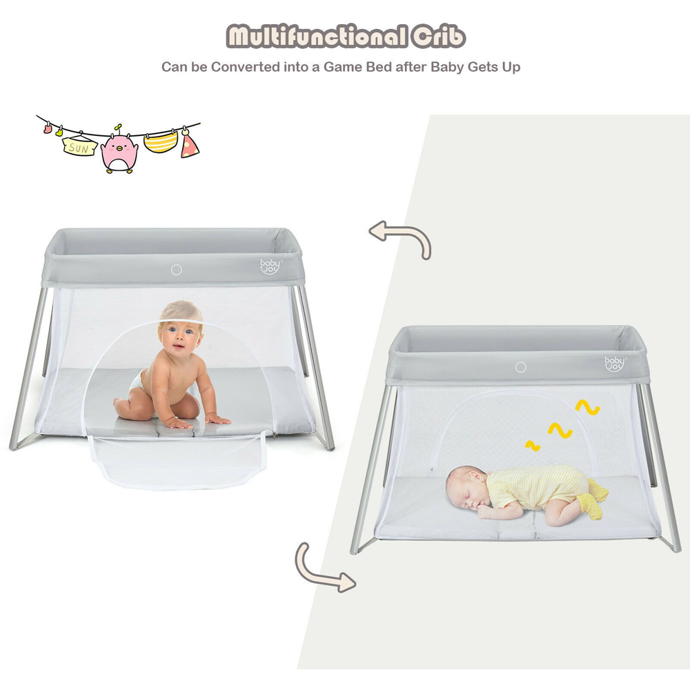 Costway Silver Folding Playpen with Zipper Door Image 3