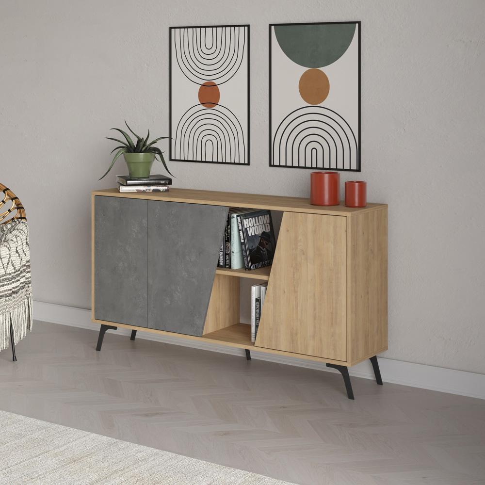 Decortie Fiona 3 Door 2 Shelf Oak and Retro Grey Sideboard Image 4