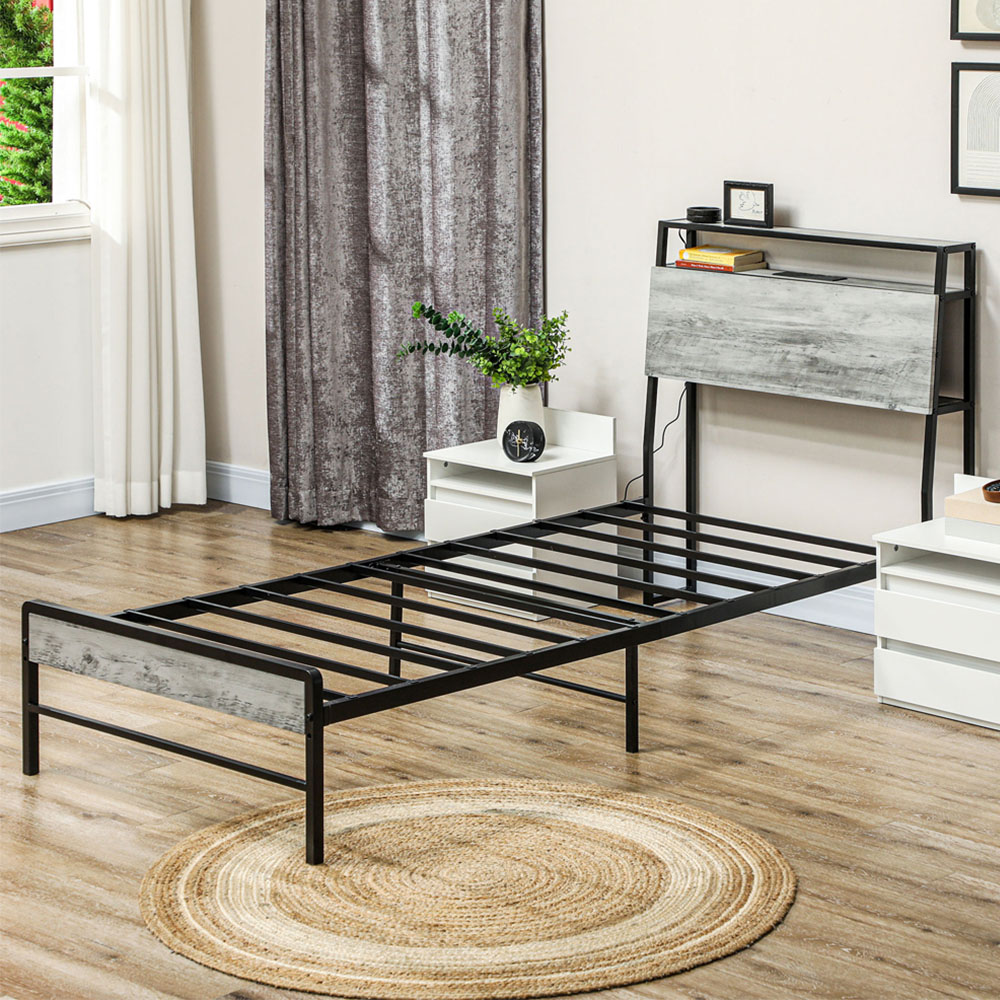 Portland Single Cement Grey Bed Frame with Charging Station and Lights Image 1