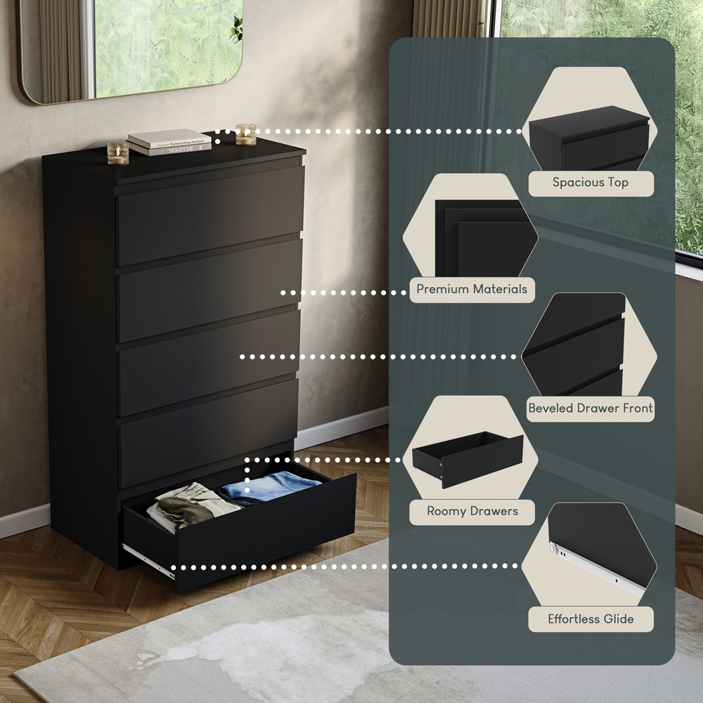 VIDA DESIGNS Denver 5 Drawer Black Chest of Drawers Image 7