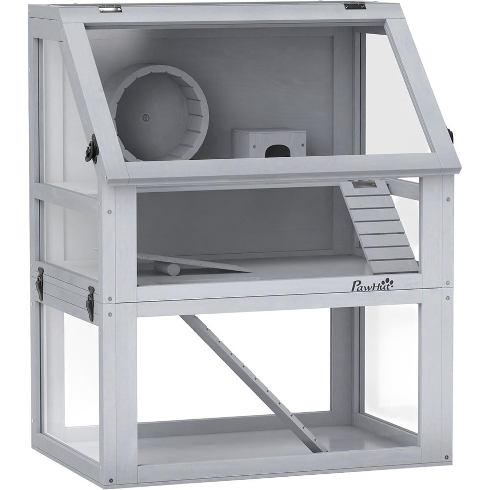 PawHut Light Grey Wooden Hamster Cage with Detachable Bottom Image 1