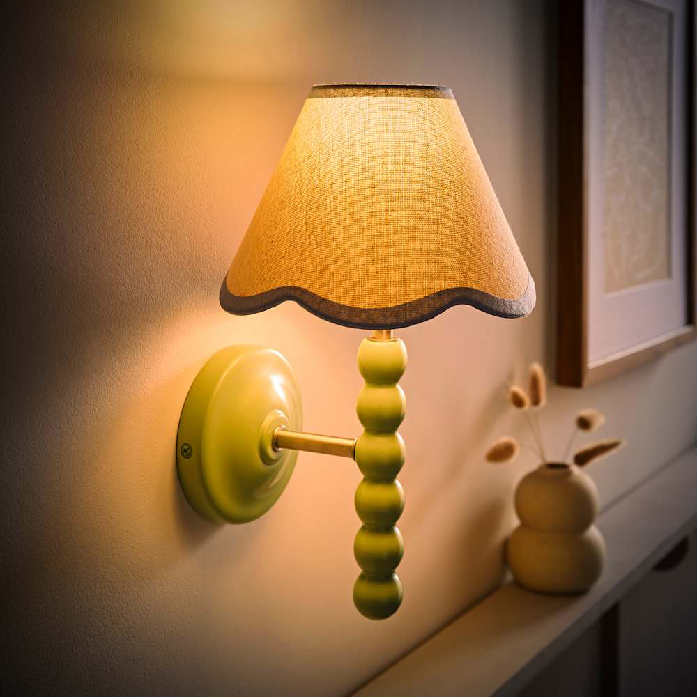 ValueLights Blue Trim Scallop Shade Green Bobbin LED Wall Light with Bulb 2 Pack Image 2