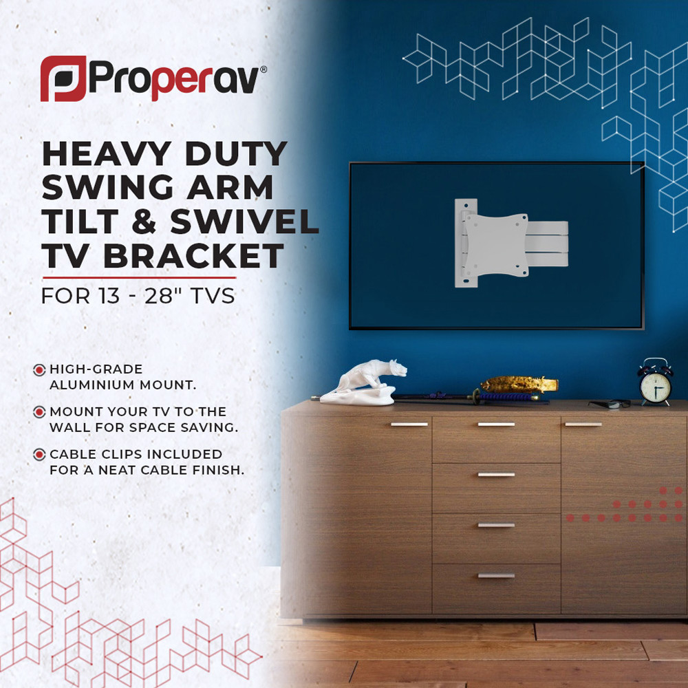 ProperAV White 13 to 28 Inch Heavy Duty Swing Arm Tilt and Swivel TV Bracket Image 4