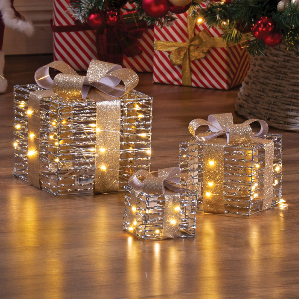 The Christmas Workshop 60 Warm White LED Silver Gift Box Decoration Set of 3 Image 1