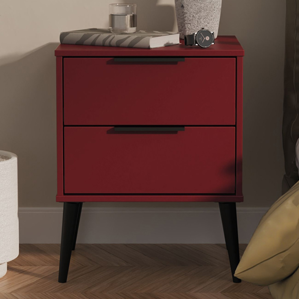 Crowndale Hong Kong 2 Drawer Matt Red and Black Compact Bedside Cabinet Ready Assembled Image 1