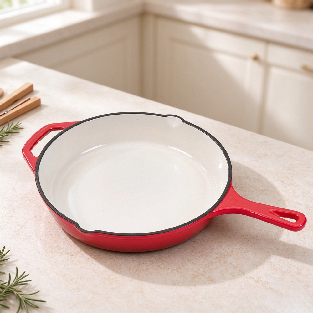 Living and Home 26cm Red Enamelled Cast Iron Round Skillet Image 7