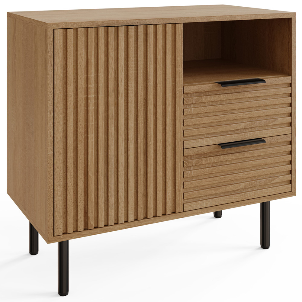 GFW Nervata Single Door 2 Drawer Single Shelf Oak and Black Ribbed Compact Sideboard Image 2