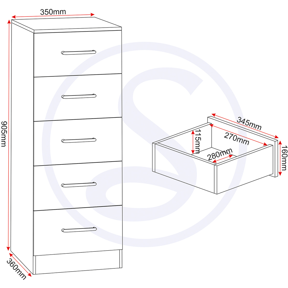 Seconique Dakota 5 Drawer White Narrow Storage Chest Image 9
