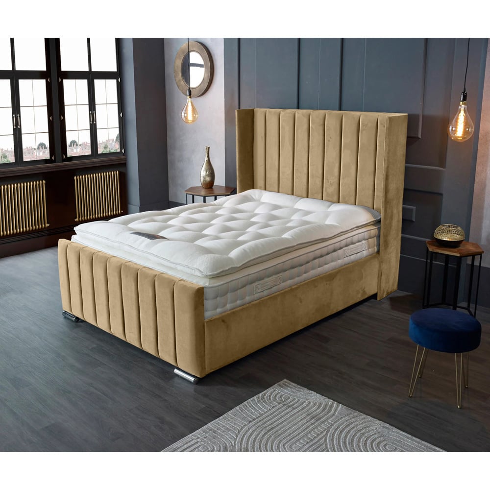 Eleganza Home Meriso King Size Beige Plush Velvet Bed Frame with Winged Headboard Image 3