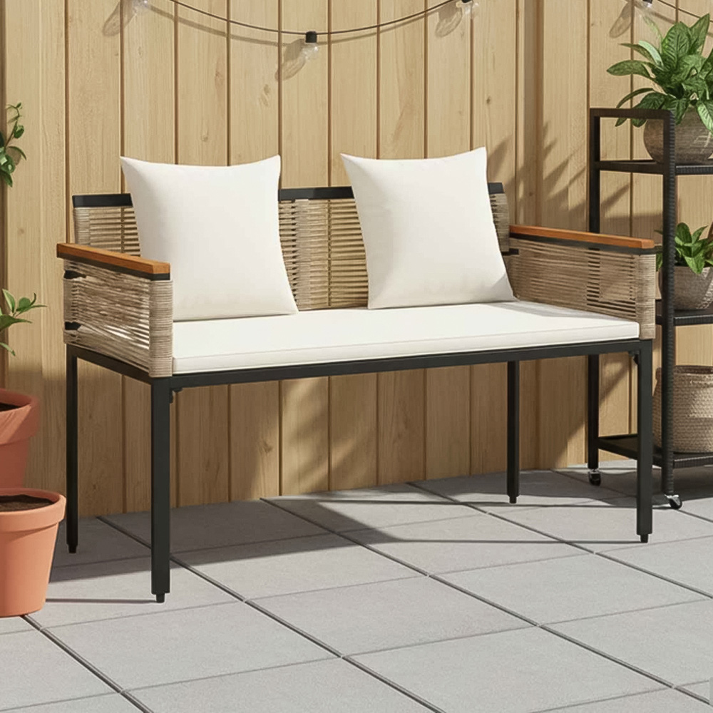 vidaXL Beige and Cream White Poly Rattan Garden Bench with Cushion 117 x 54 x 74.5cm Image 1