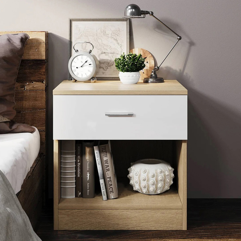 Brooklyn Single Drawer Oak and White High Gloss Bedside Table Image 3