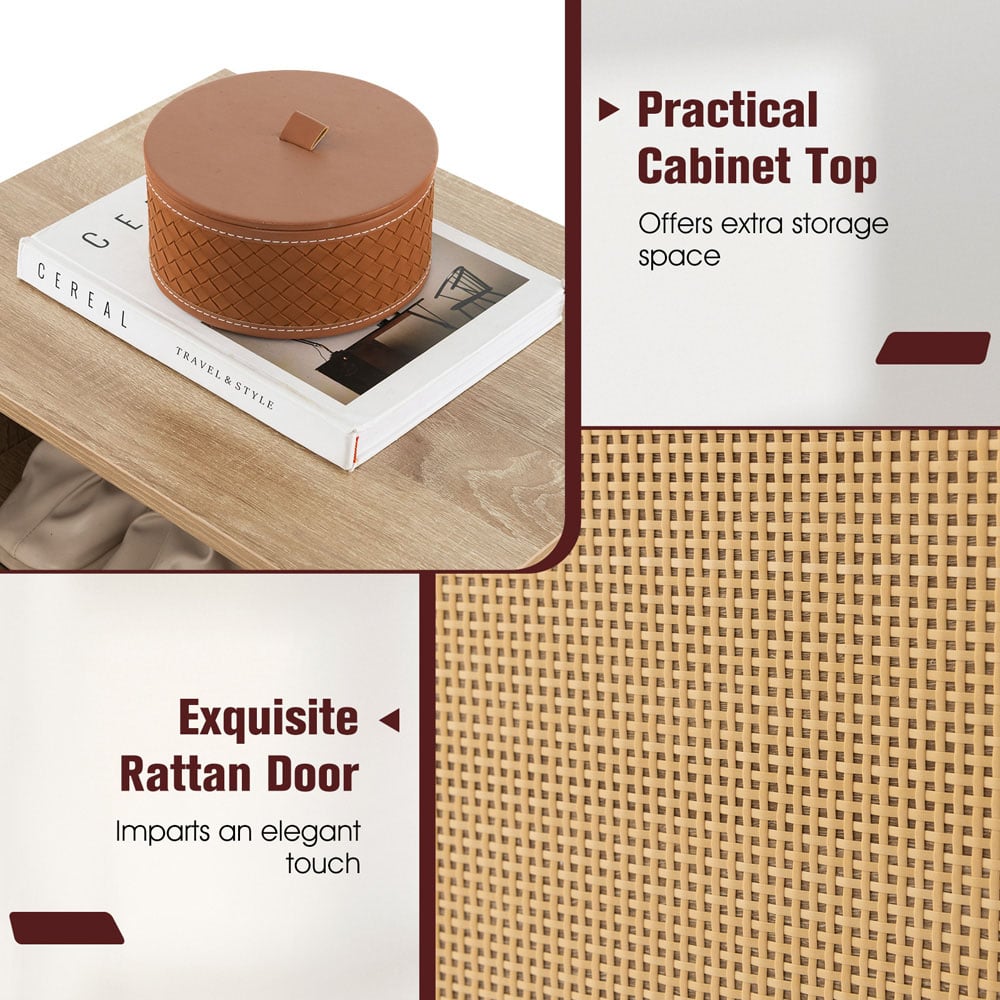 Costway Single Door 2 Shelf Natural Rattan Shoe Cabinet Bench Image 4