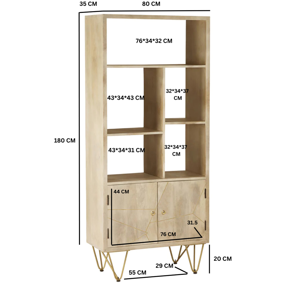Brooklyn Huyen 2 Door 5 Shelf Light Gold Large Bookcase Image 4
