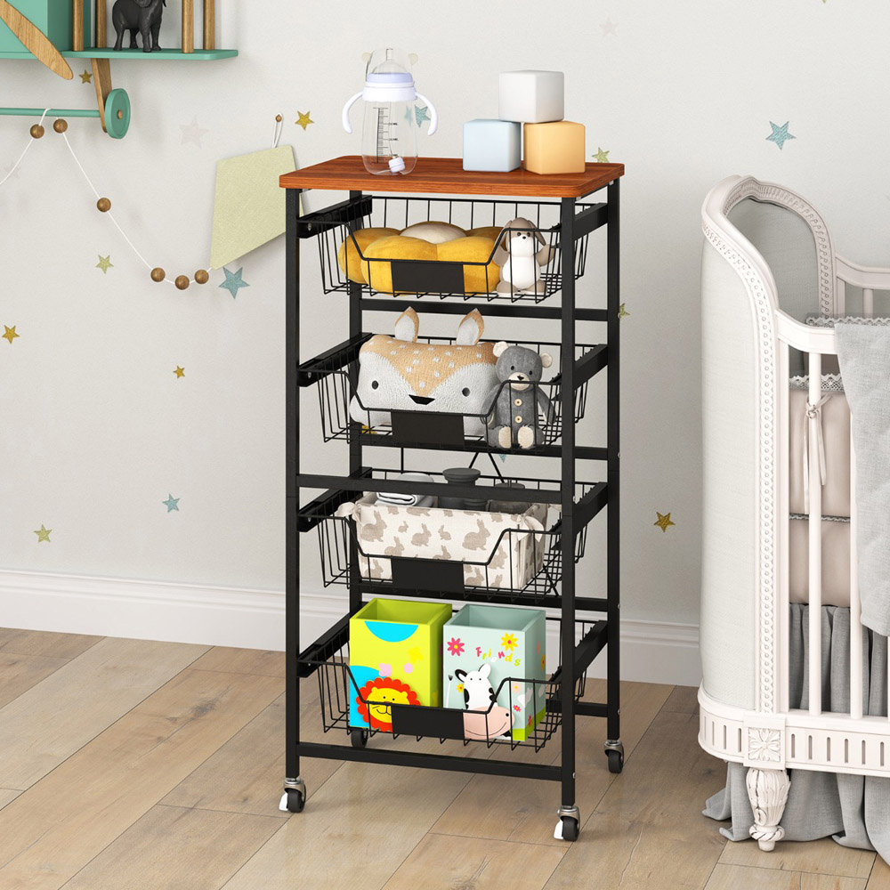 Costway Black and Wood 5 Tier Rolling Kitchen Storage Cart with DIY Chalk Labels Image 2