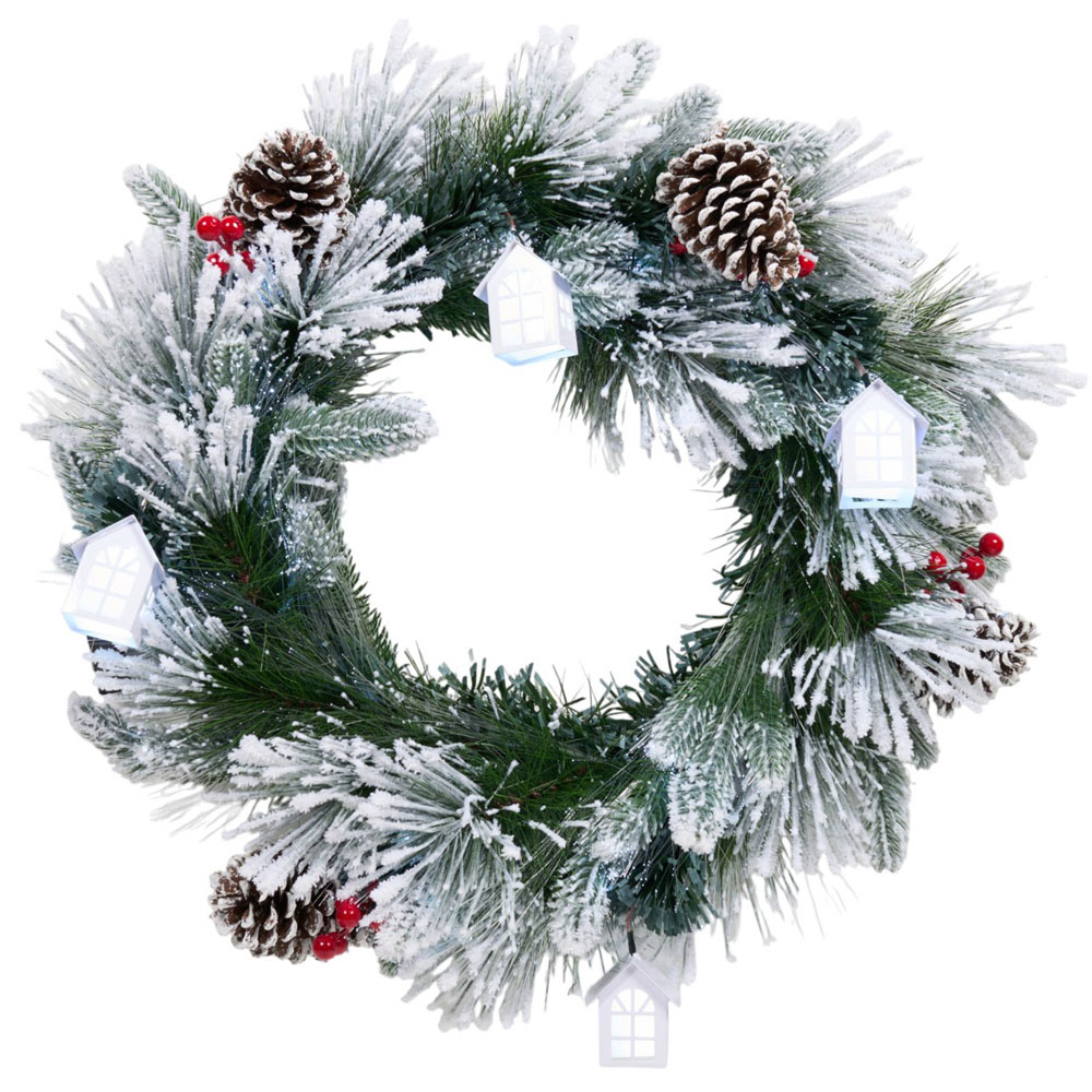 Flocked Fibre Optic House Wreath Image 2