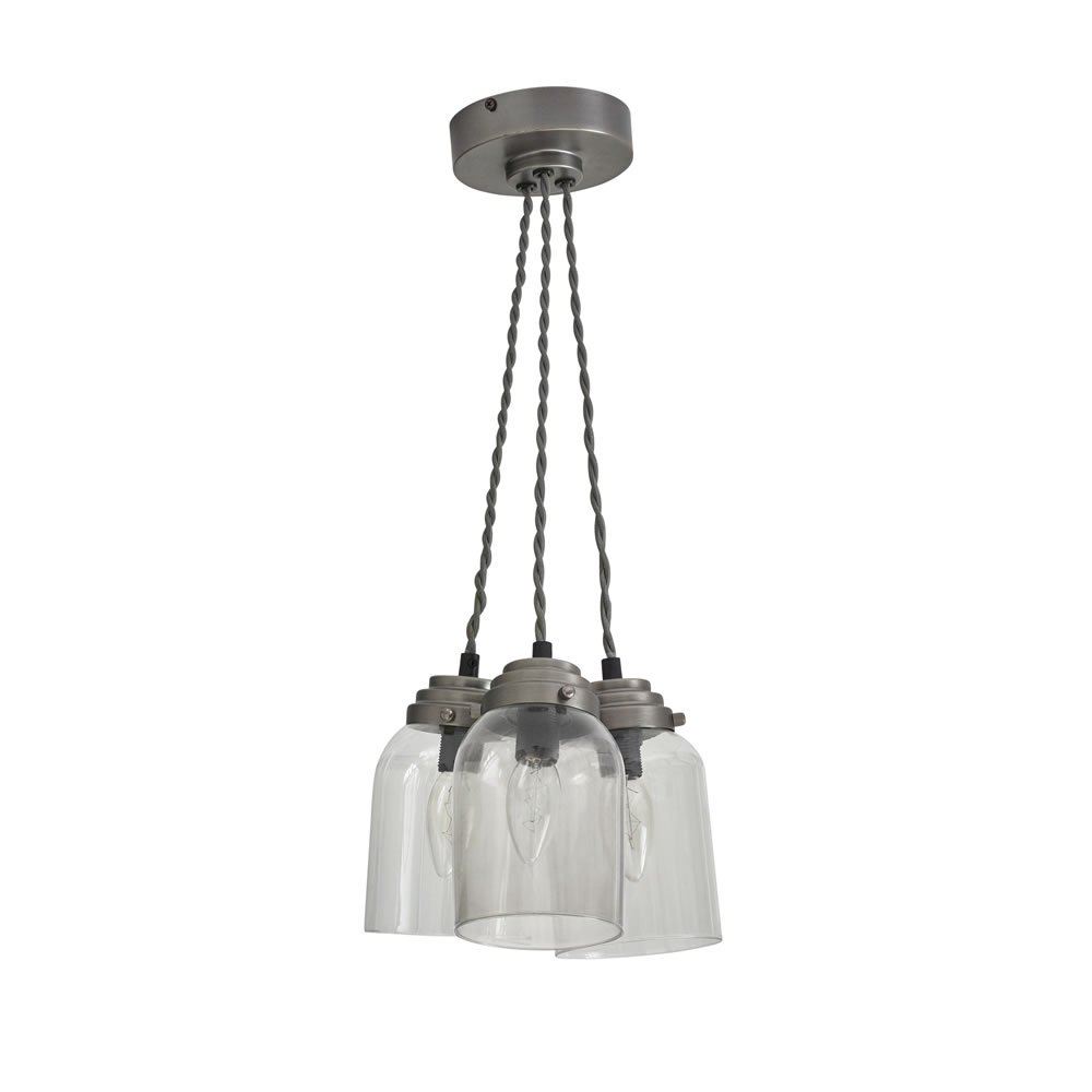 Wilko Pewter Triple Glass Pewter Industrial Pendant Light Shade Image 1