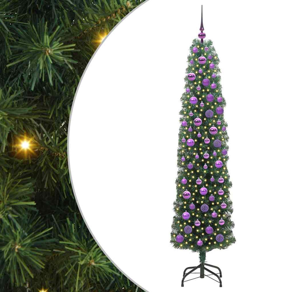 vidaXL Green Artificial Christmas Tree with LEDs Lilac Decoration Ornaments 6ft Image 2