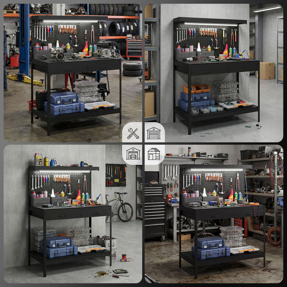 HOMCOM 2 Drawer Single Shelf Black Workbench with Pegboard and LED Light Image 5