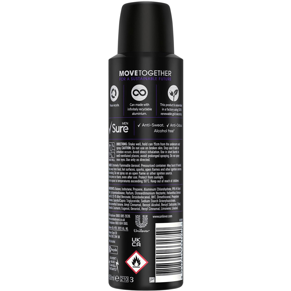 Sure Men 48H Protection Anti-Perspirant Active Dry Deodorant Spray 150ml 36 Pack Image 3