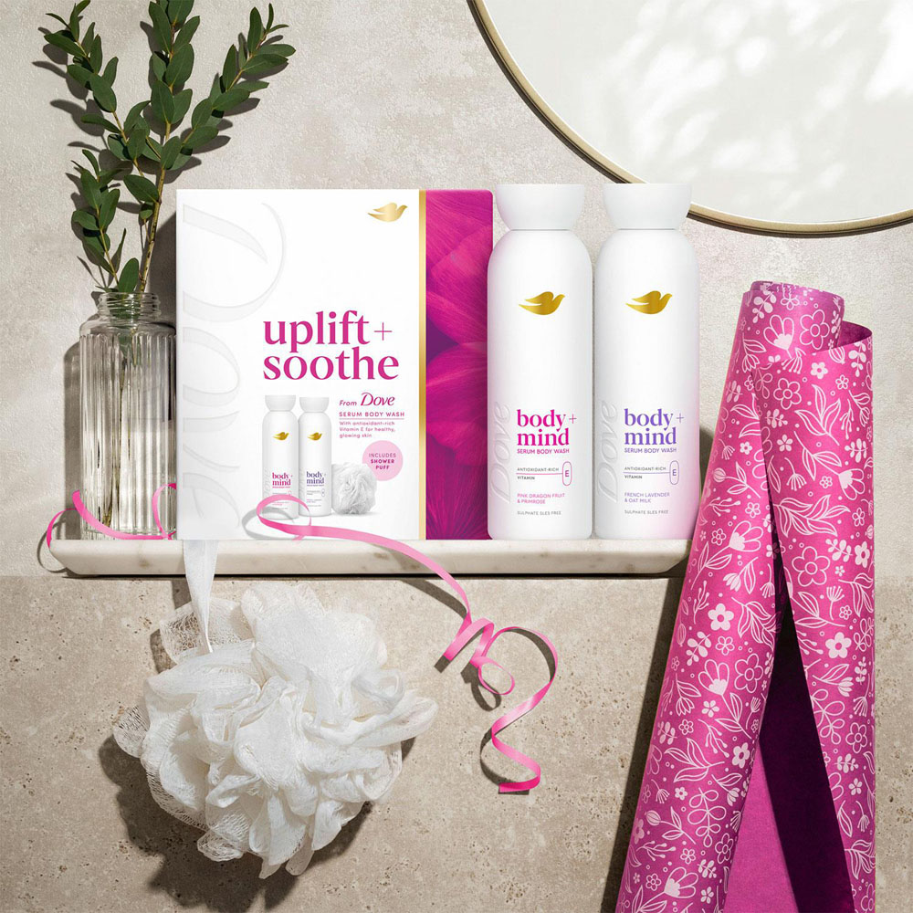 Dove Uplift+Soothe Body+Mind Gift Set with Shower Puff 4 Pack Image 2