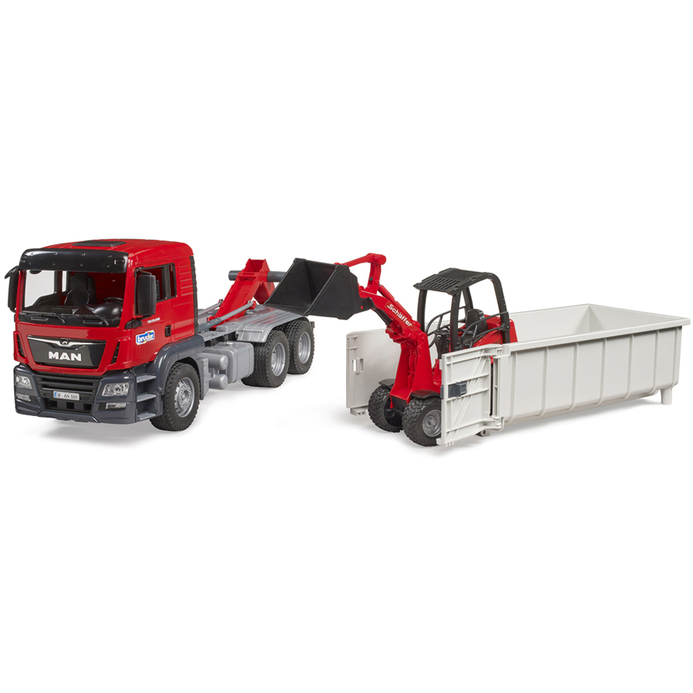 Bruder Kids MAN TGS Truck with Roll-Off-Container and Schäffer Compact Loader Playset Model Image 4