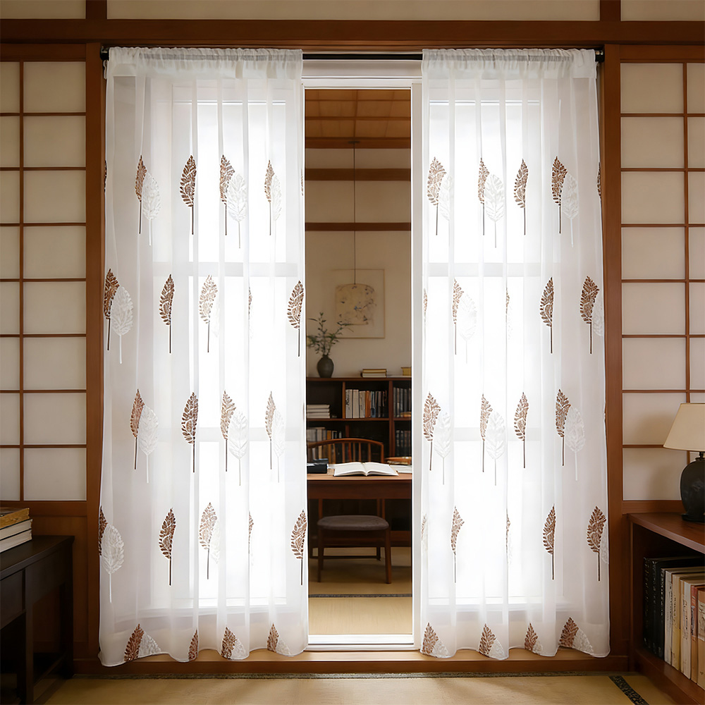 Living and Home Semi-Sheer Embroidered Leaf Curtains 130 x 240cm Image 7