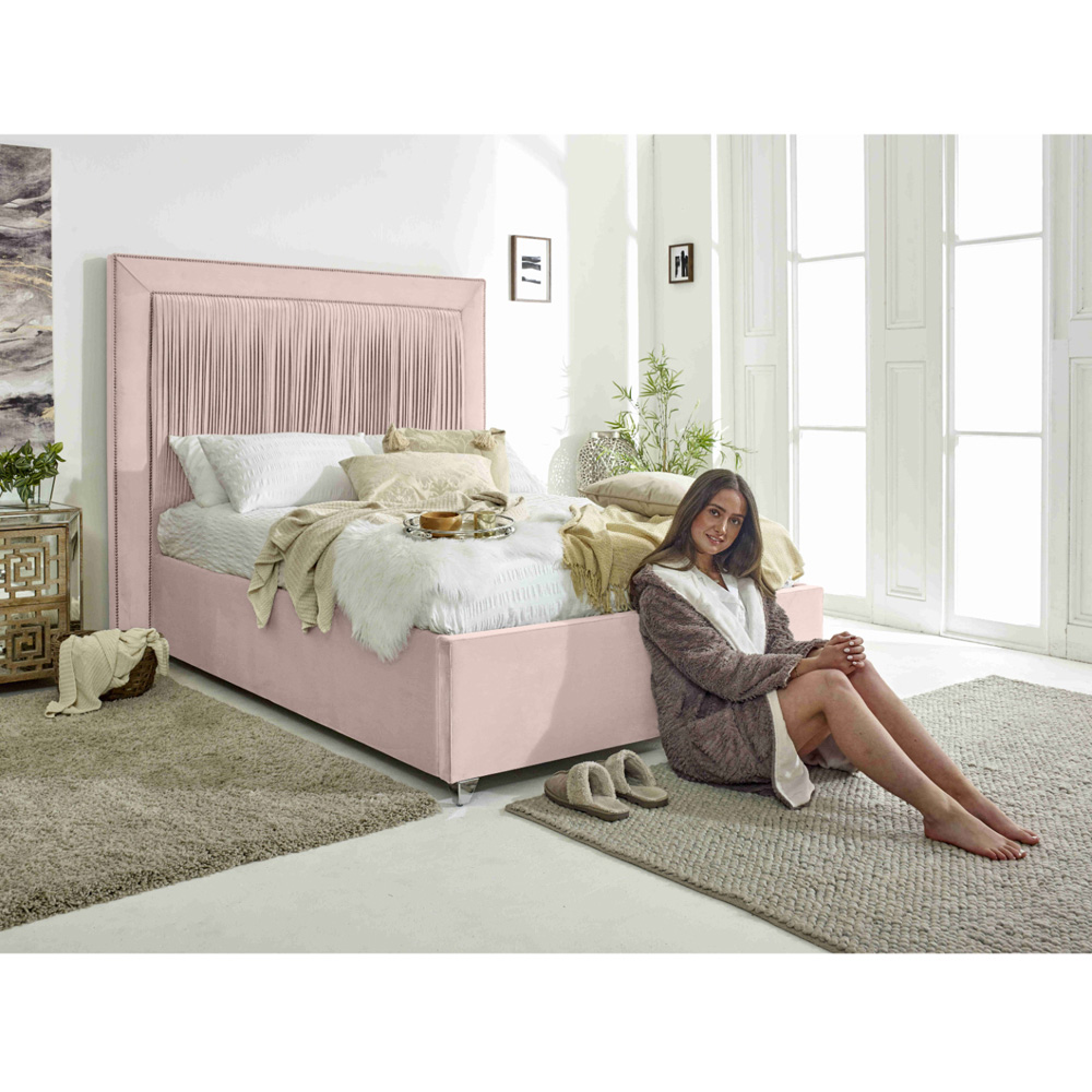 Eleganza Alexandra Super King Size Pink Plush Velvet Bed Frame with Pleated Headboard Image 5