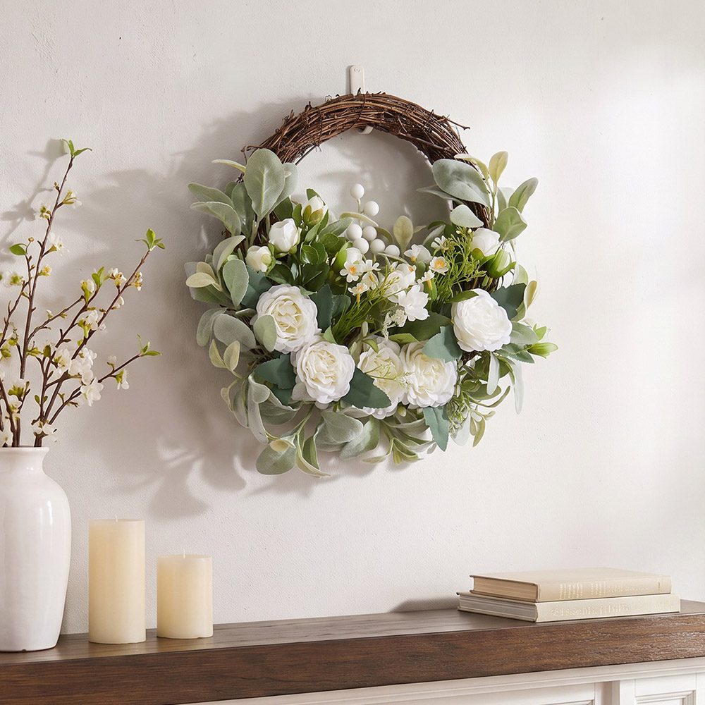 Living and Home Artificial Peony Rustic Door Wreath with Green Leaves 45cm Image 2