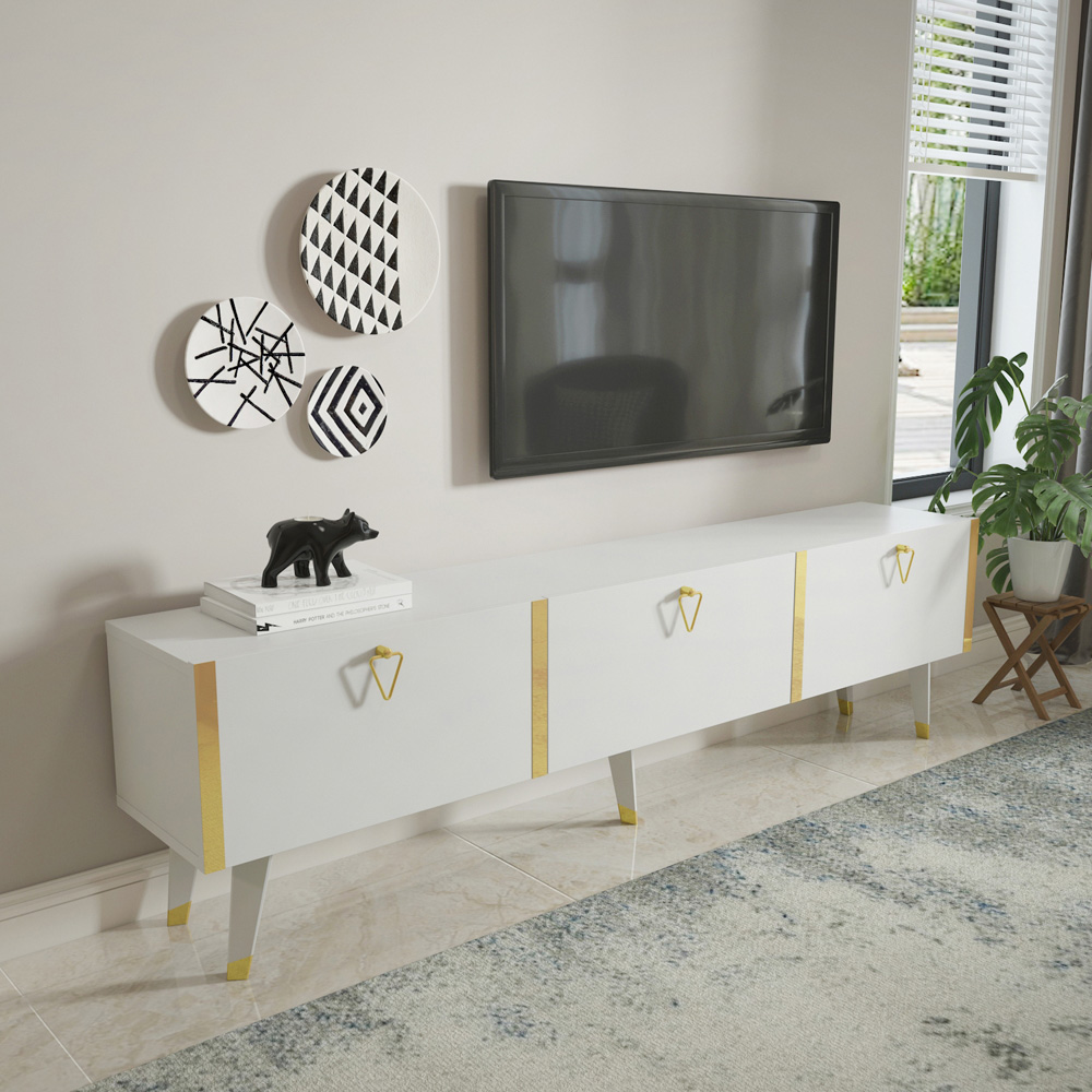 Decorotika Milagro 3 Cabinet White and Gold TV Unit Image 8