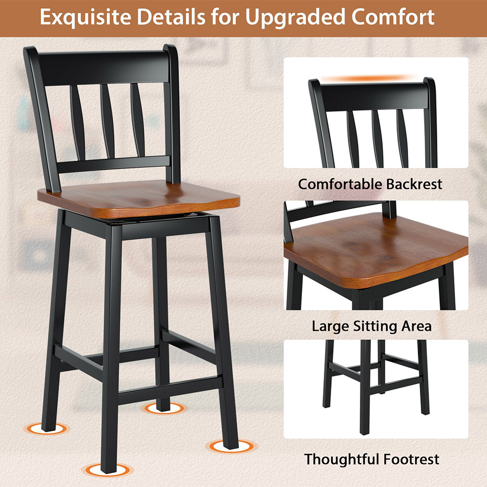 Costway Black Swivel Rubber Wood Bar Stool Set of 2 Image 6