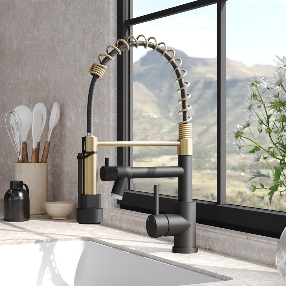 Living and Home Gold and Black 304 Stainless Steel Dual Spout Swivel Kitchen Faucet with LED Light Image 2