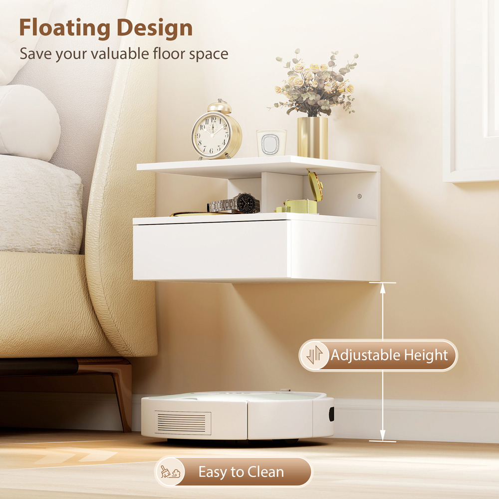 Portland Single Drawer Single Shelf White Floating Nightstand Set of 2 Image 6