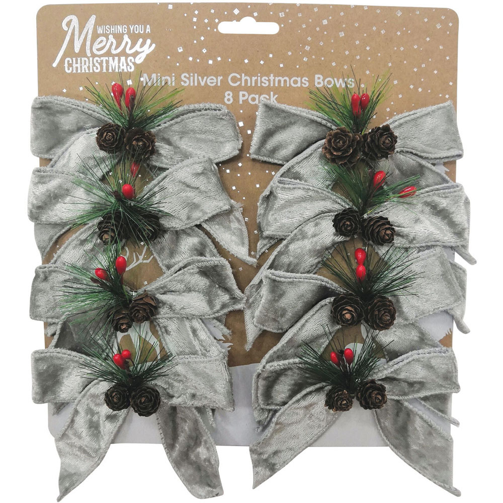 Crafty Club Silver Mini Christmas Bows with Decoration 8 Pack Image