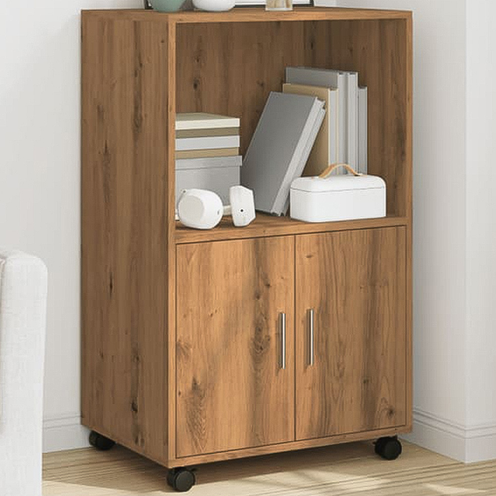 vidaXL 2 Door Single Shelf Artisan Oak Rolling Cabinet with Wheels Image 1