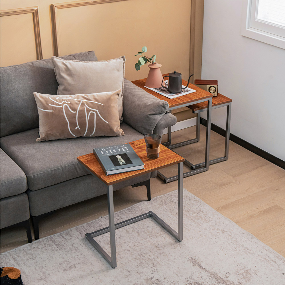 Costway Brown Wood Grain Nest of Tables Set of 3 Image 3