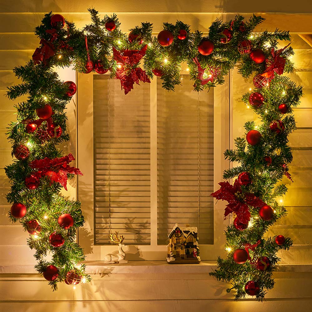 Living and Home Christmas Garland with Red Baubles Stag and Poinsettias 270cm Image 2