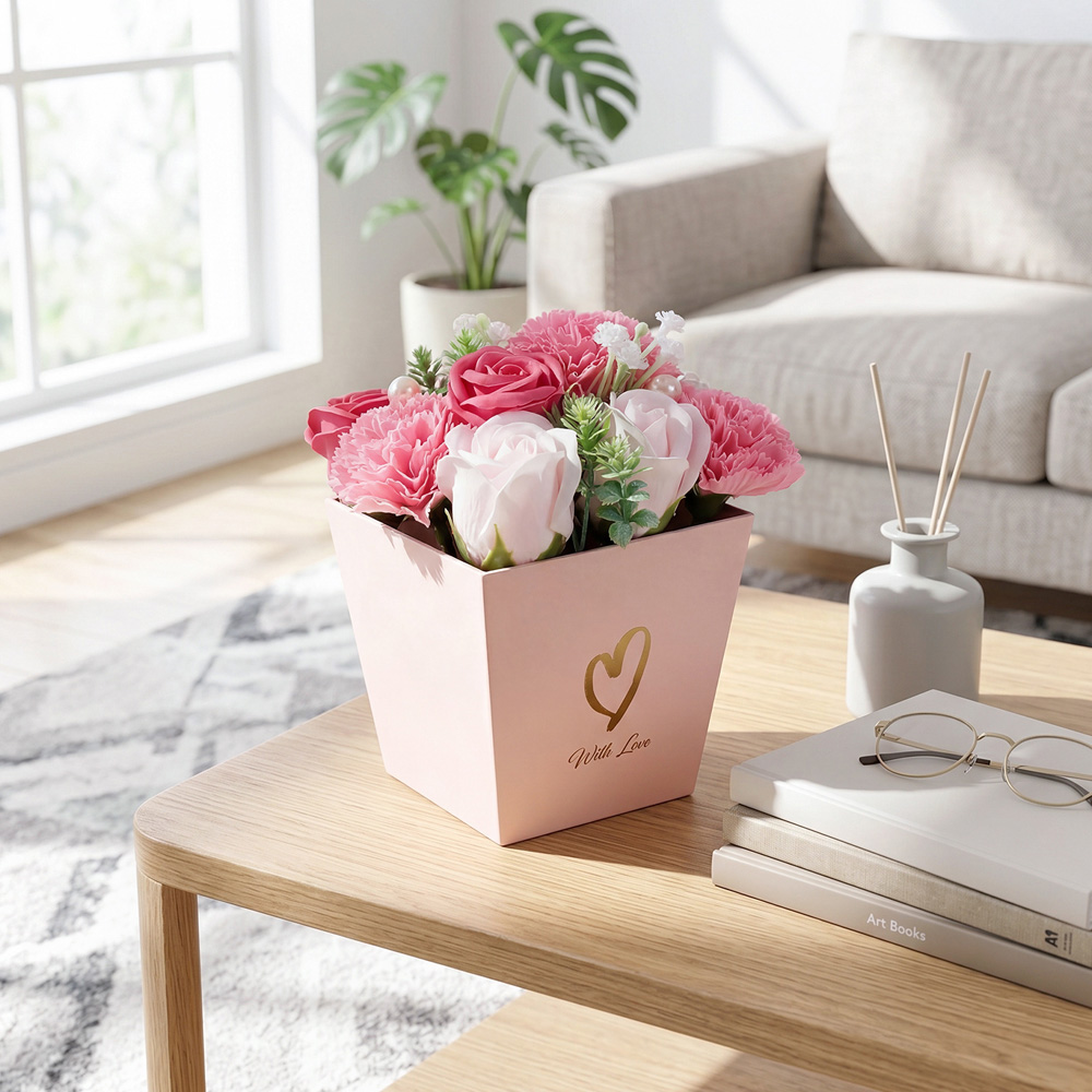Living and Home Pink Rose and Carnation Soap Flower Bouquet Gift Box Image 2
