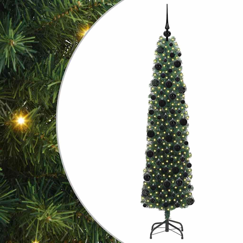 vidaXL Green Artificial Christmas Tree with LEDs Black Decoration Ornaments 6ft Image 2