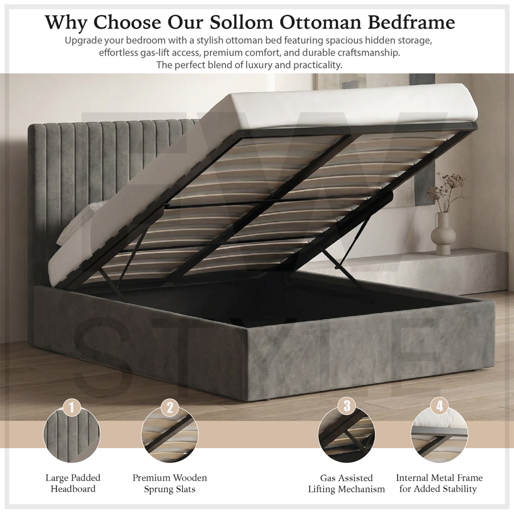 FWStyle Sollom King Size Nickel Upholstered Lift-Up Ottoman Bed Frame with Ribbed Headboard Image 3