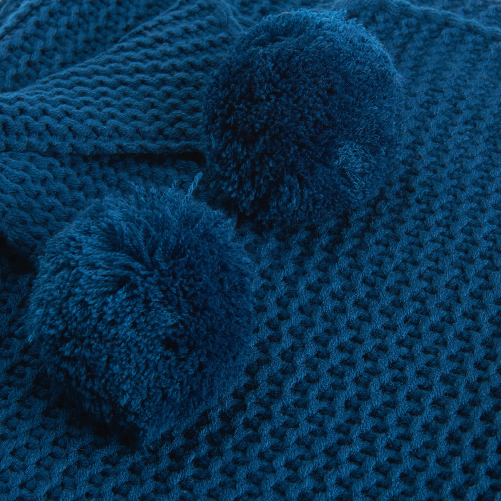 Wilko Teal Chunky Knit Throw Pom Pom 150 x 180cm Wilko